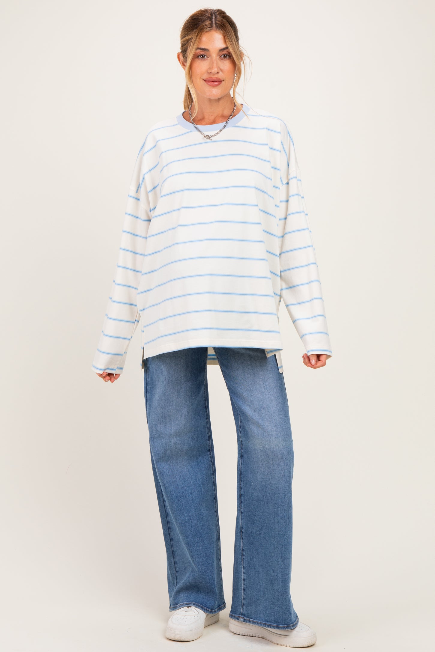 Light Blue Striped Oversized Maternity Long Sleeve Top