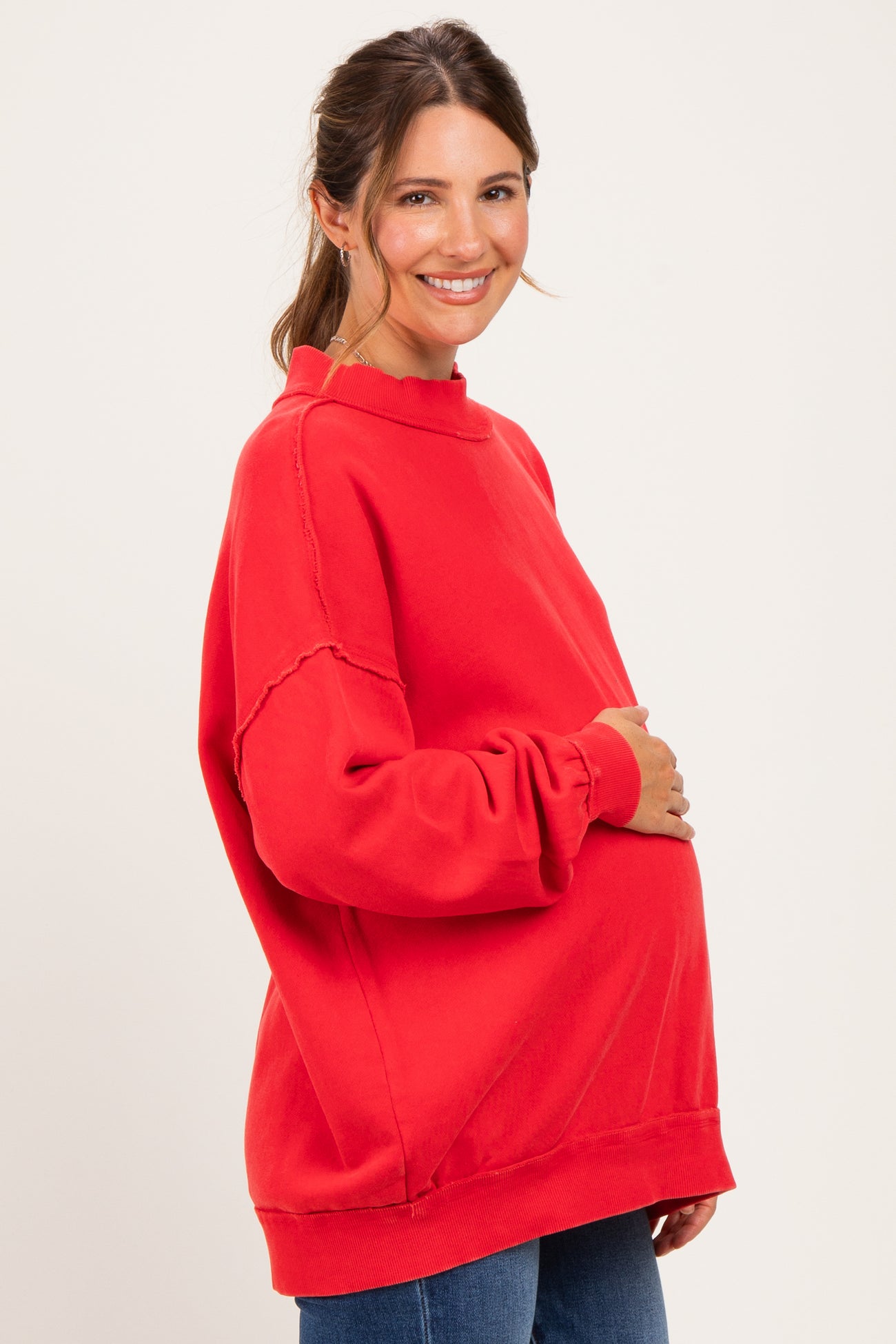 Red Oversized High Neck Maternity Sweatshirt