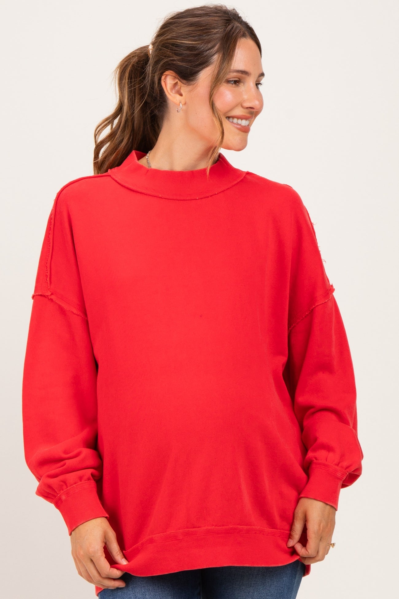 Red Oversized High Neck Maternity Sweatshirt