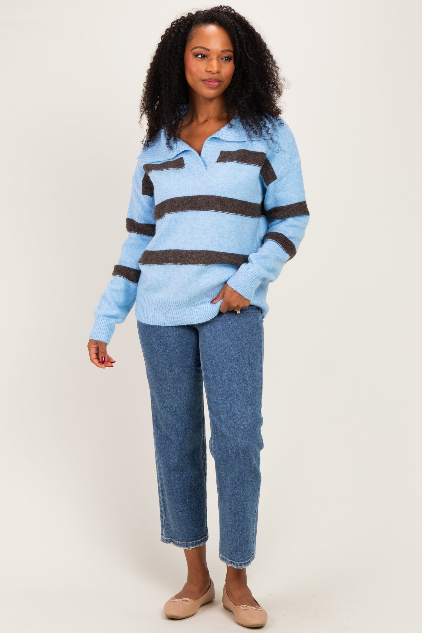 Blue Striped Collared Relaxed Sweater