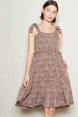 Chestnut Floral Smocked Shoulder Tie Maternity Dress