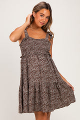 Chestnut Floral Smocked Shoulder Tie Maternity Dress