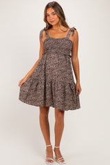 Chestnut Floral Smocked Shoulder Tie Maternity Dress
