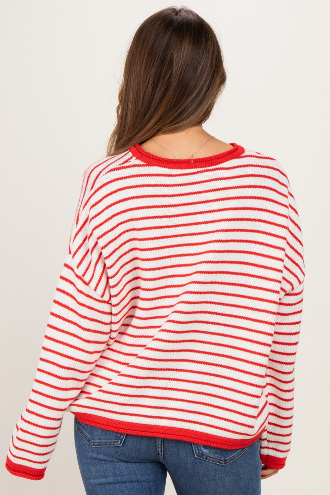 woman wearing a red and white striped maternity sweater, shown from the back, with relaxed fit and casual style