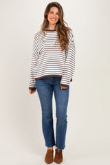 Brown Striped Solid Trim Relaxed Maternity Sweater