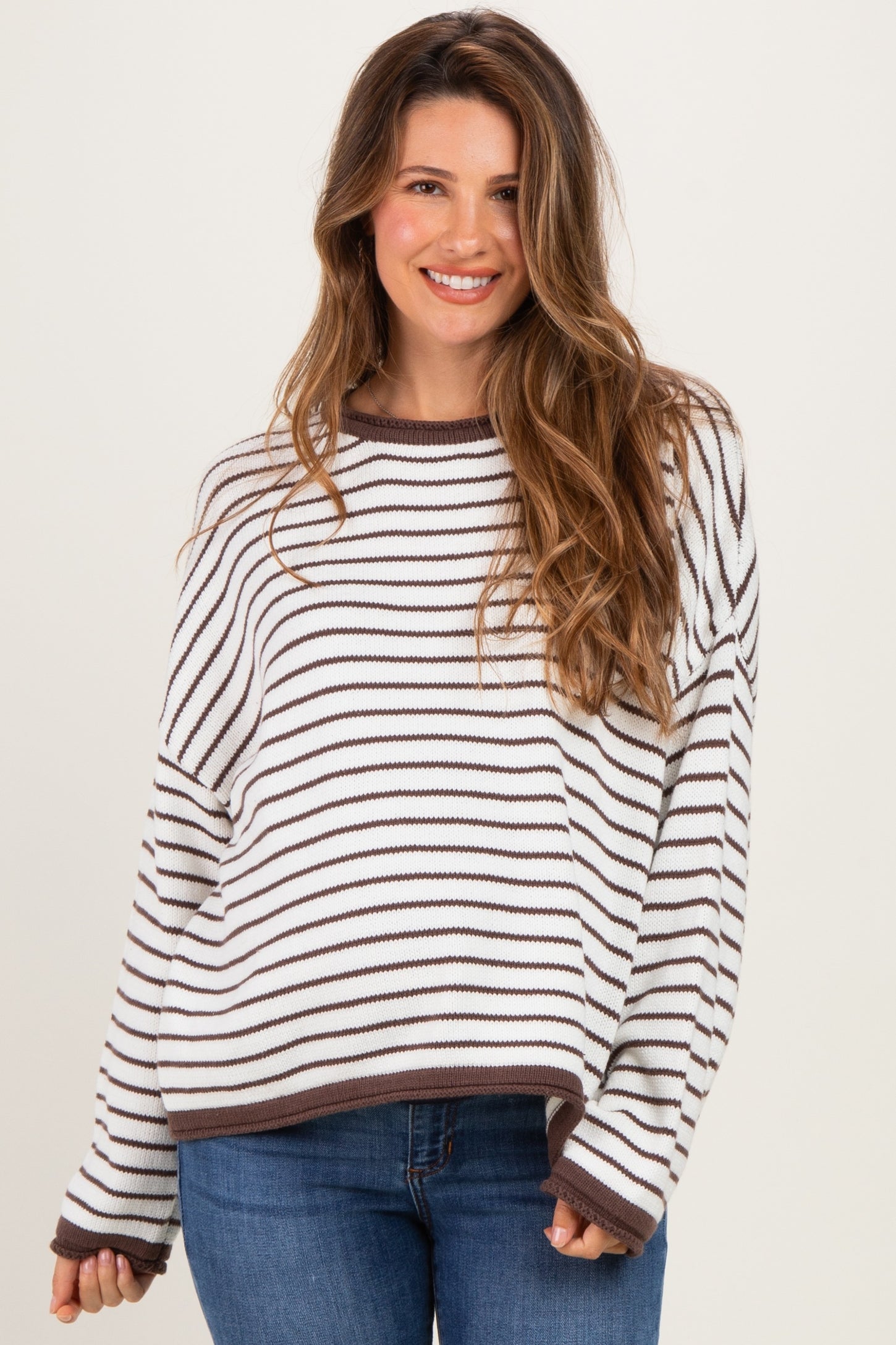 Brown Striped Solid Trim Relaxed Maternity Sweater