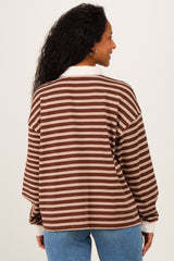 woman wearing a brown and cream striped maternity shirt, shown from the back with loose sleeves and a relaxed fit