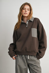 Brown Checker Plaid Collared Sweatshirt