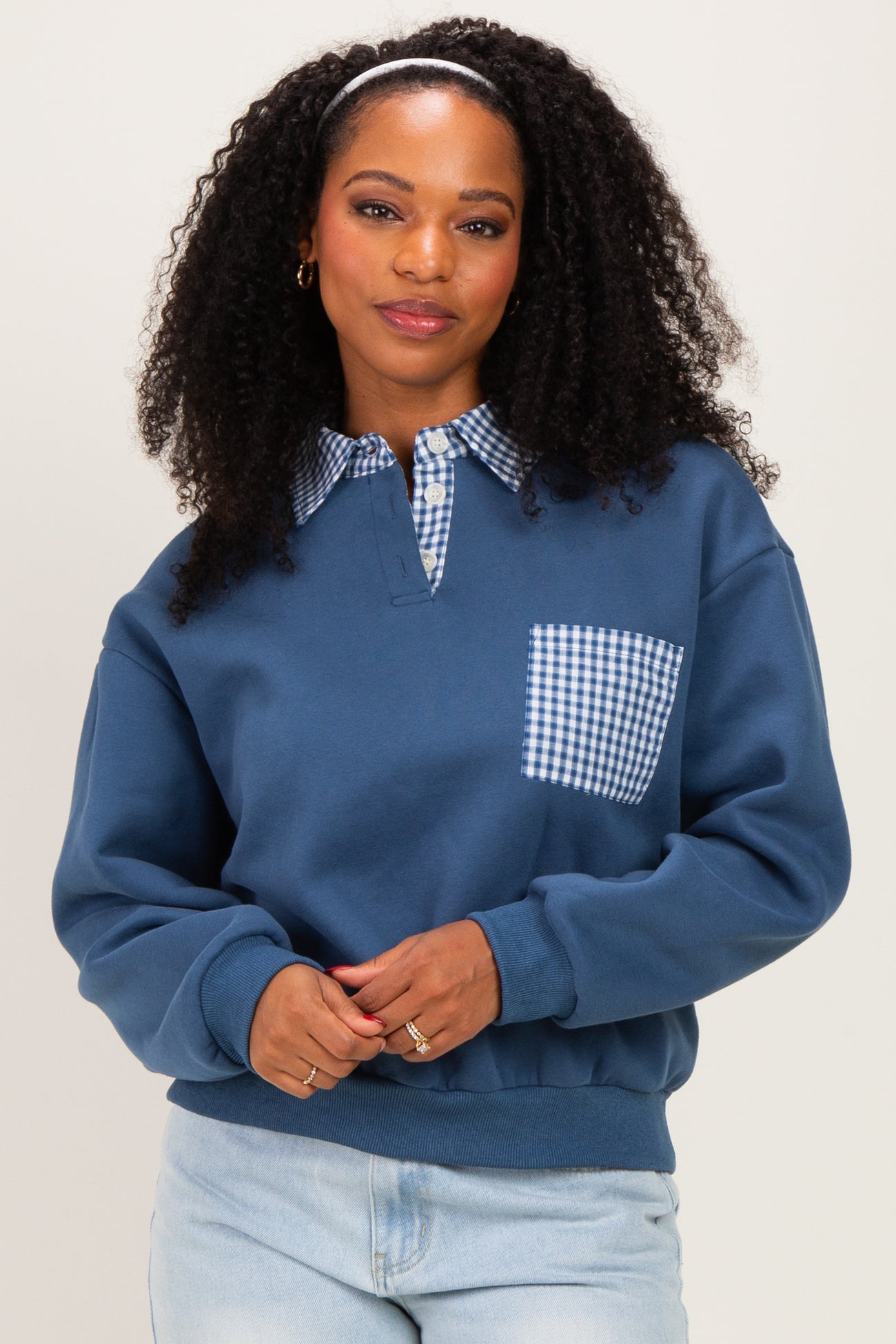 Navy Checker Plaid Collared Maternity Sweatshirt