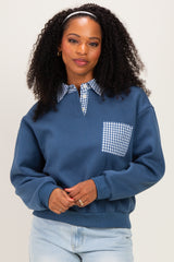 Navy Checker Plaid Collared Maternity Sweatshirt