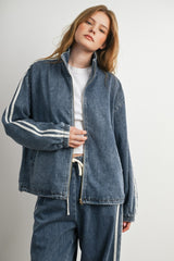 Medium Denim Oversized Zip-Up Track Jacket