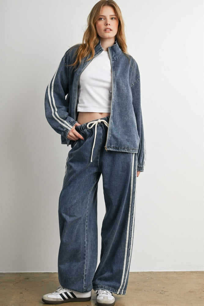 Medium Denim Oversized Zip-Up Track Jacket