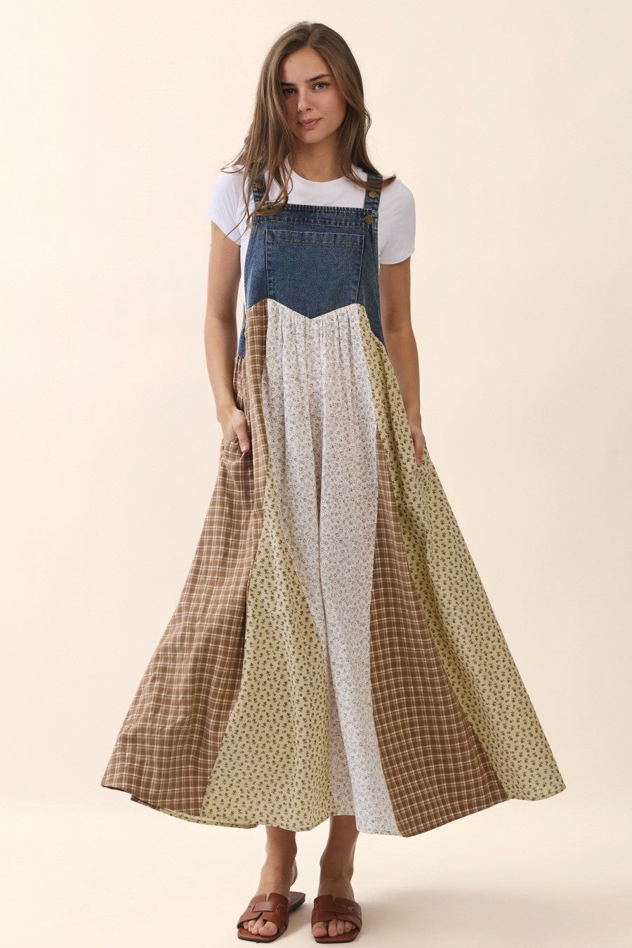 Denim Floral Plaid Overall Dress