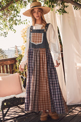 Washed Denim Mixed Plaid Overall Dress