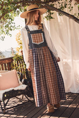 Washed Denim Mixed Plaid Overall Dress