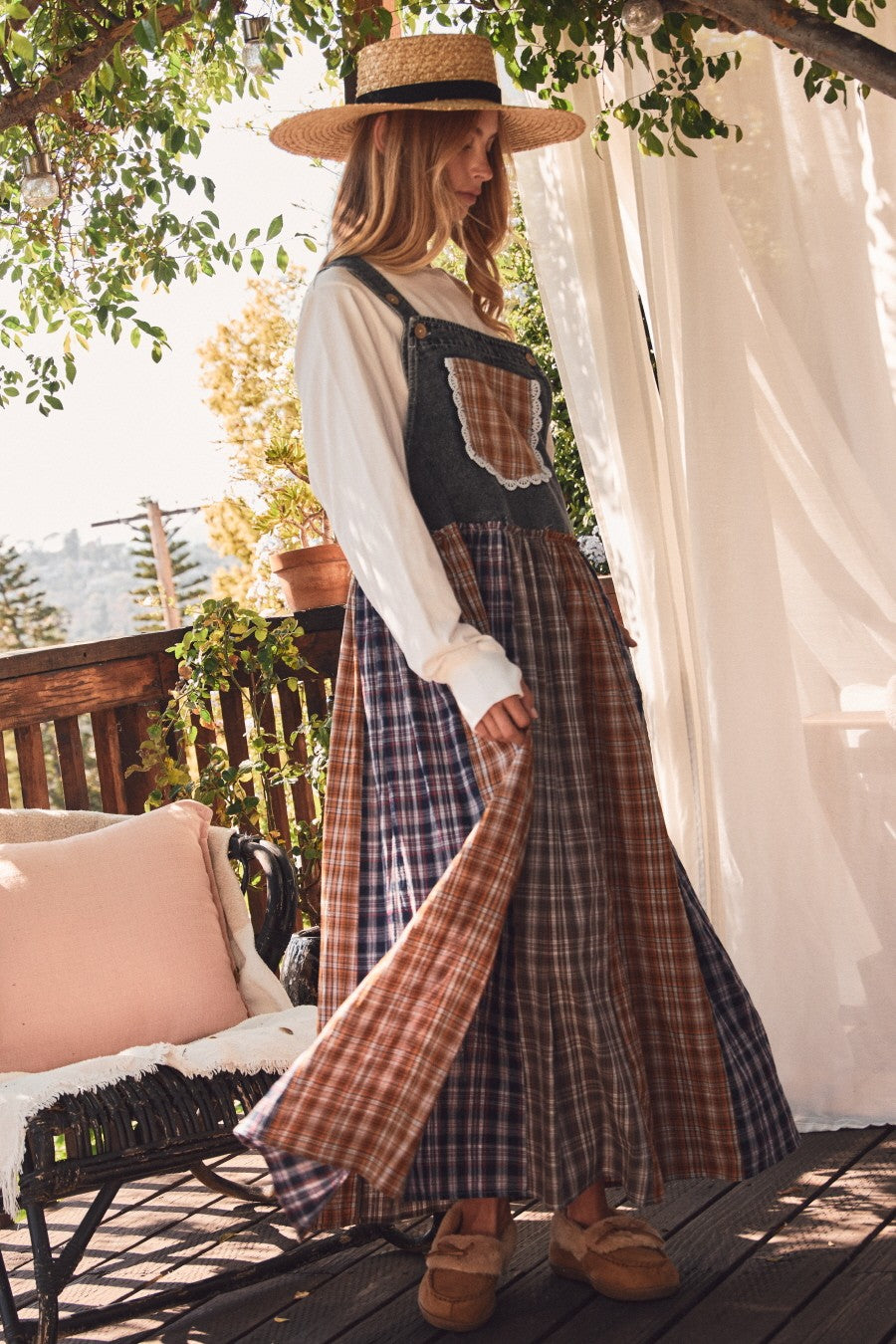 Washed Denim Mixed Plaid Overall Dress
