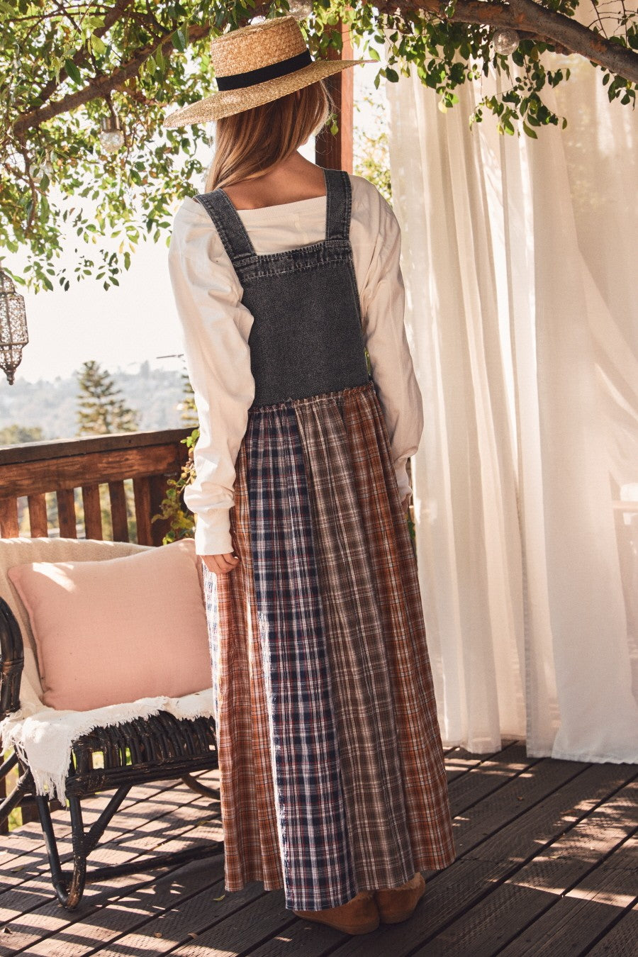 Washed Denim Mixed Plaid Overall Dress