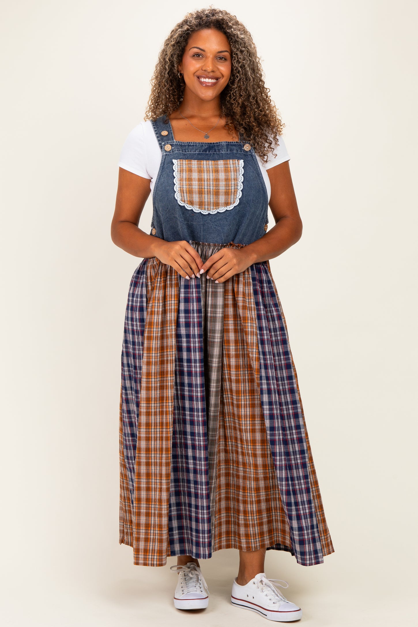 Washed Denim Mixed Plaid Maternity Plus Overall Dress