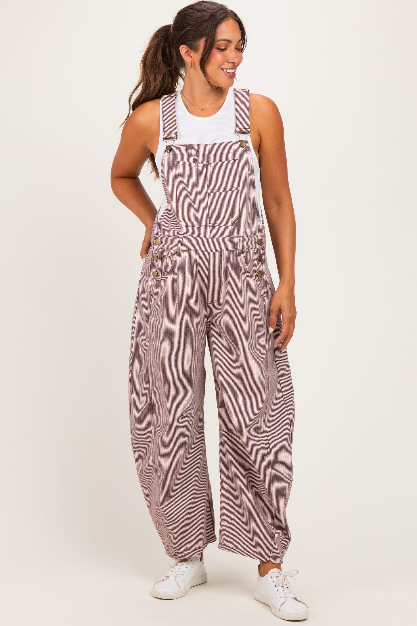 Brown Pinstriped Barrel-Leg Maternity Overalls