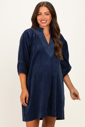 Navy Corduroy Contrast Stitched Maternity Dress