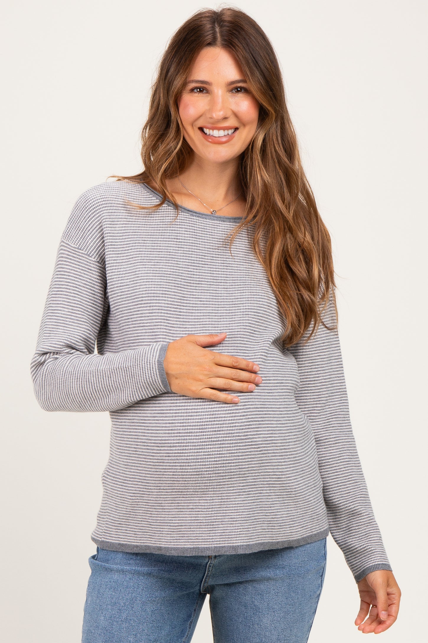 Grey Striped Waffle Knit Maternity Sweater