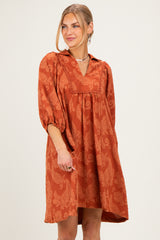 Rust Paisley Puff Sleeve Dress