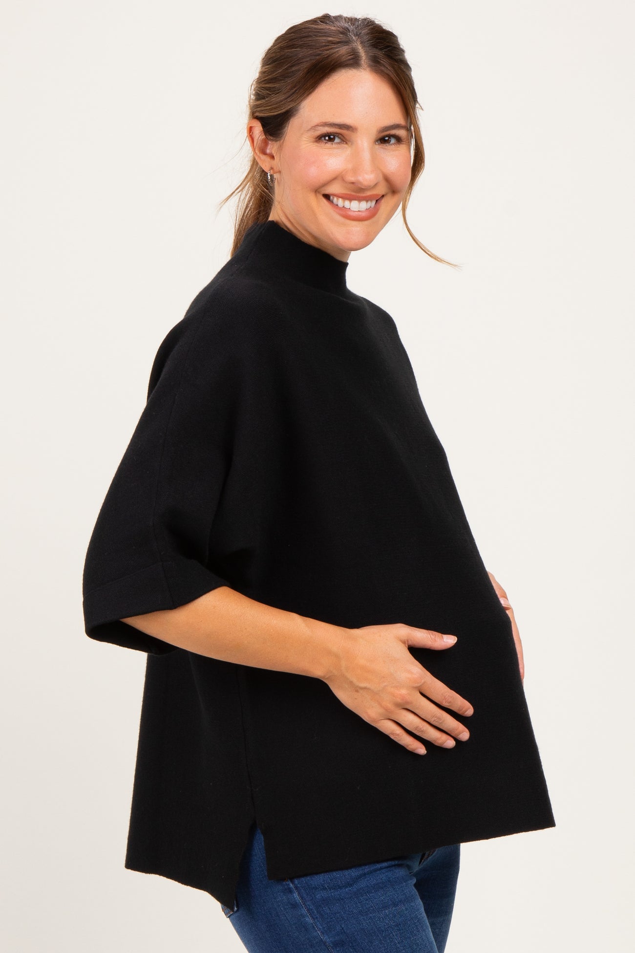 Black Mock Neck Dolman Short Sleeve Maternity Top