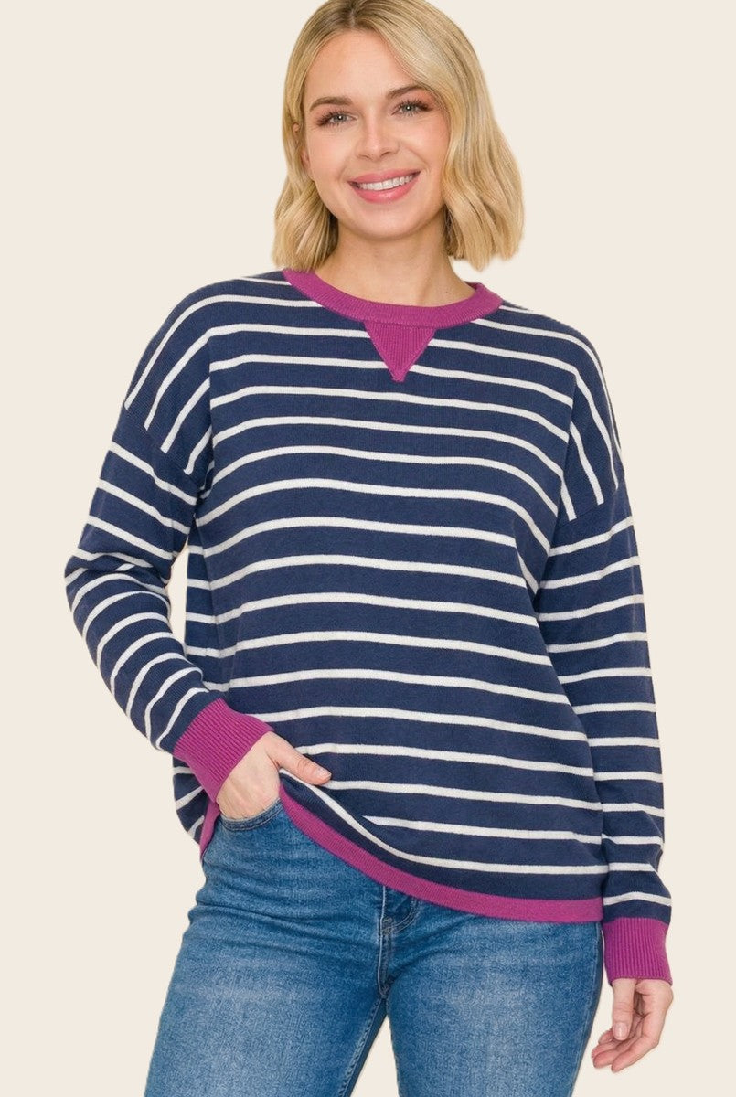 Navy Striped Contrast Trim Sweater