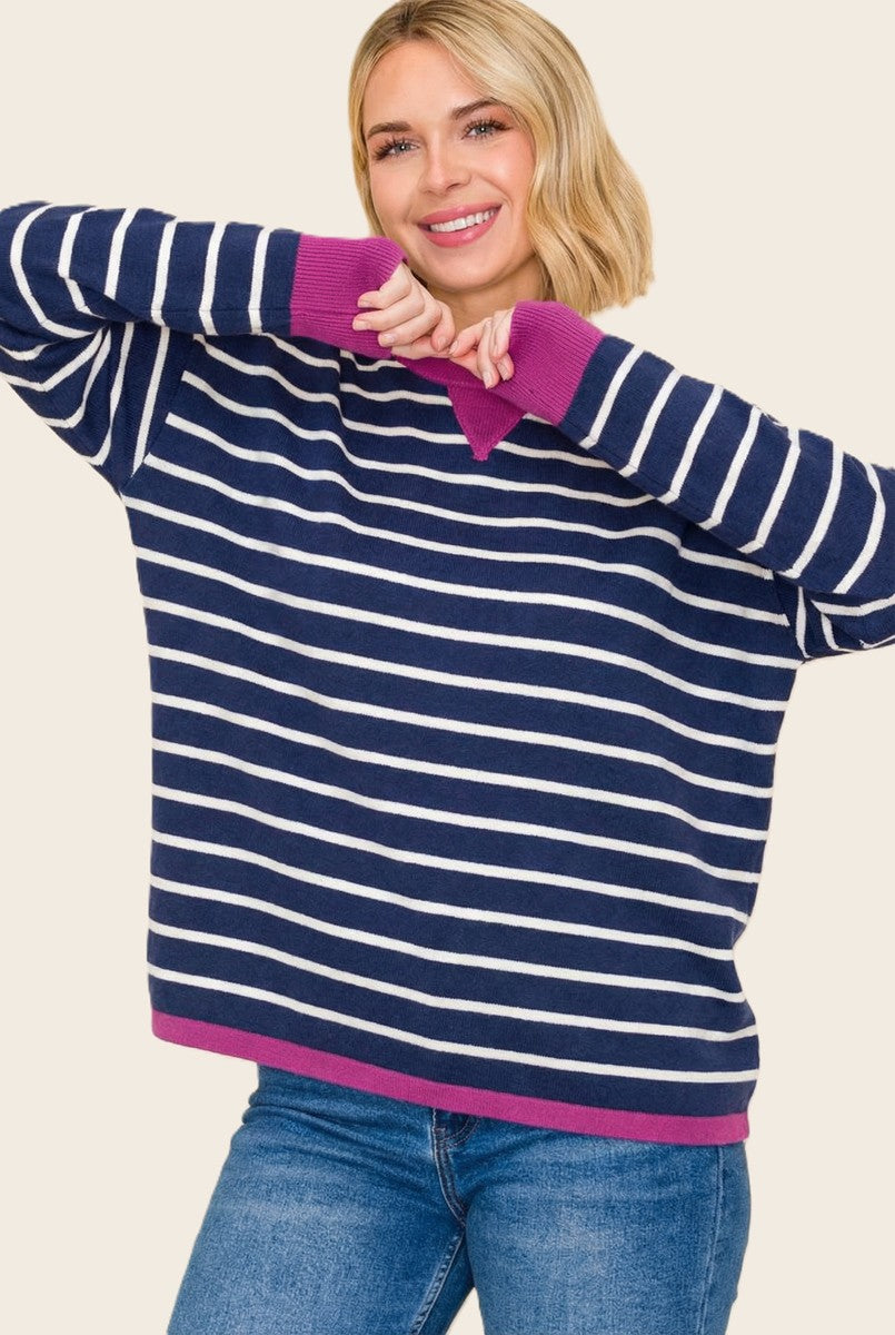 Navy Striped Contrast Trim Sweater