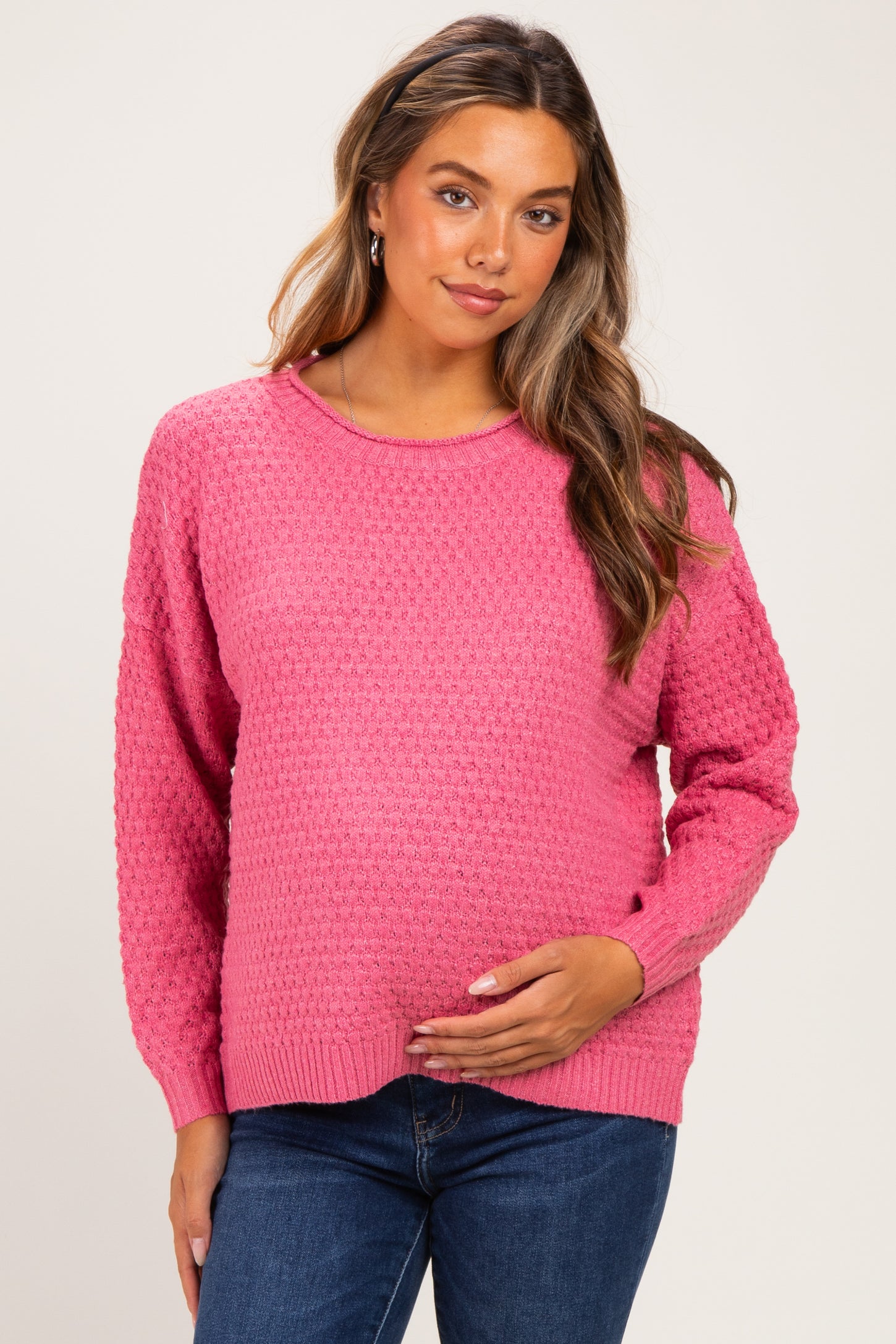 Mauve Pink Honeycomb Knit Maternity Sweater