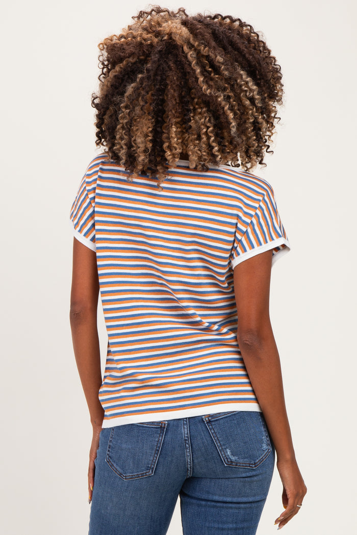 woman wearing a striped maternity t-shirt with orange, blue, and white colors, showing the back view