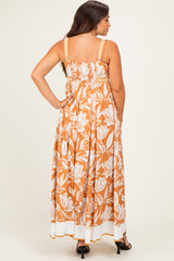 woman wearing a floral print orange maternity maxi dress with adjustable straps, showing the back view