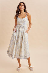 French Blue Floral Embroidered Hem Midi Dress