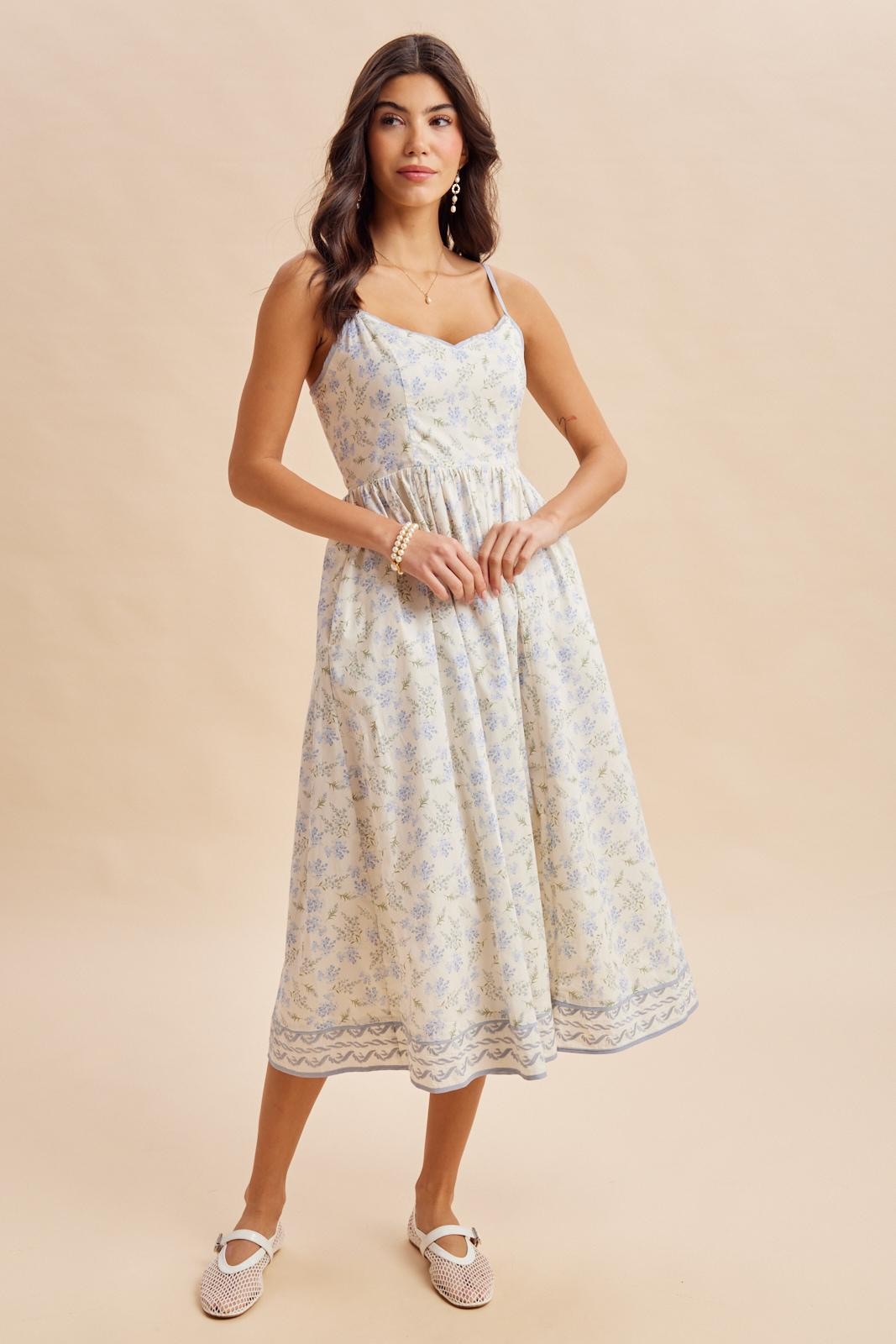 French Blue Floral Embroidered Hem Midi Dress