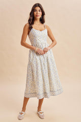French Blue Floral Embroidered Hem Midi Dress