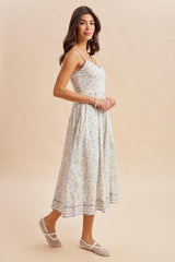 French Blue Floral Embroidered Hem Midi Dress