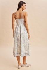 French Blue Floral Embroidered Hem Midi Dress