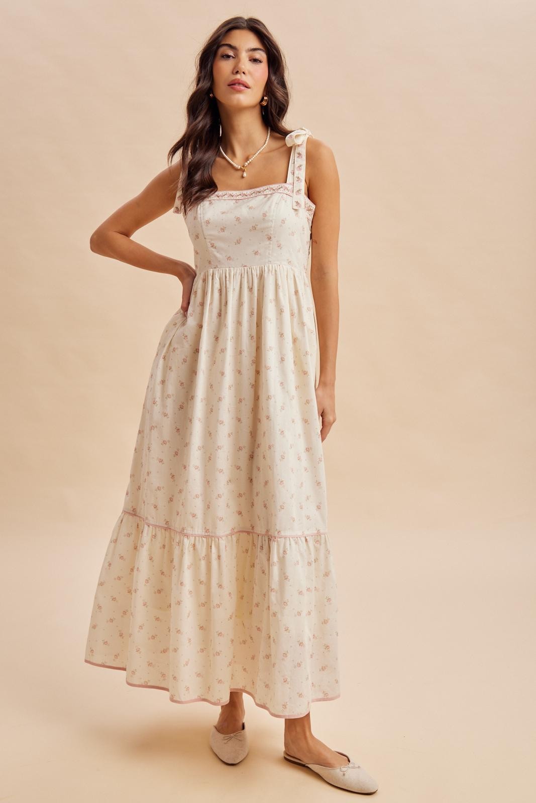 Creme Peony Floral Shoulder Tie Maternity Maxi Dress