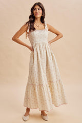 Creme Peony Floral Shoulder Tie Maxi Dress