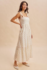 Creme Peony Floral Shoulder Tie Maxi Dress
