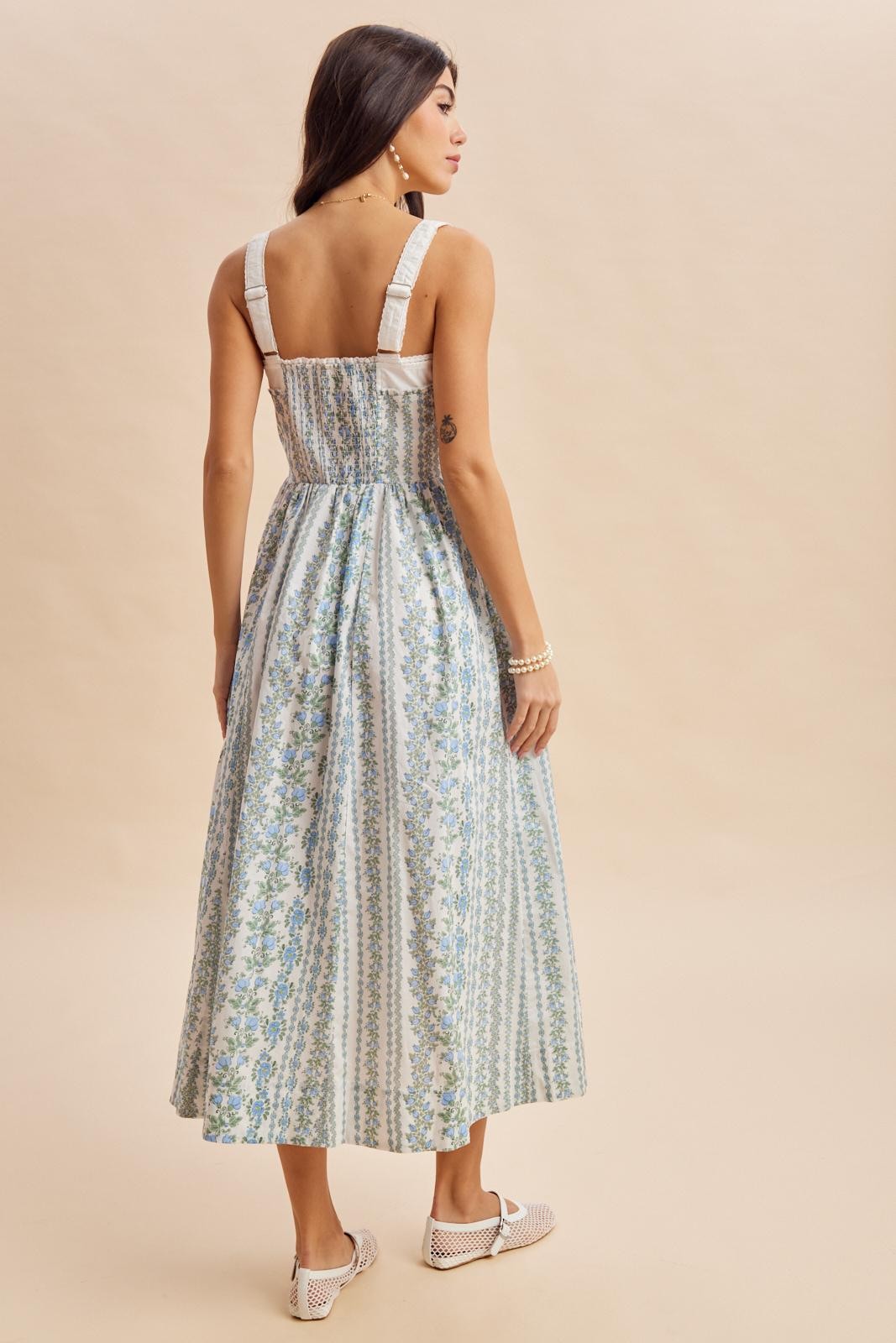 French Blue Column Floral Print Maxi Dress