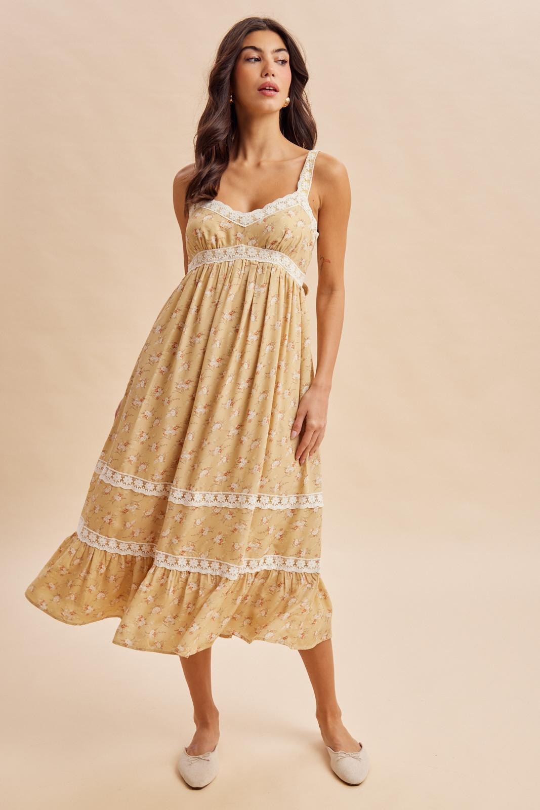 Sunwashed Lemon Lace Floral Tie Back Maternity Midi Dress