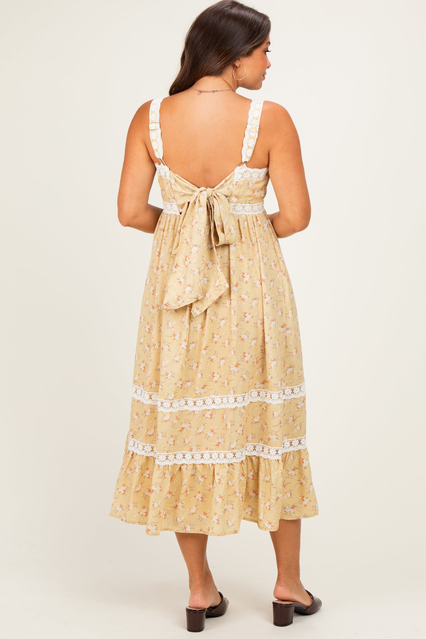 Sunwashed Lemon Lace Floral Tie Back Maternity Midi Dress