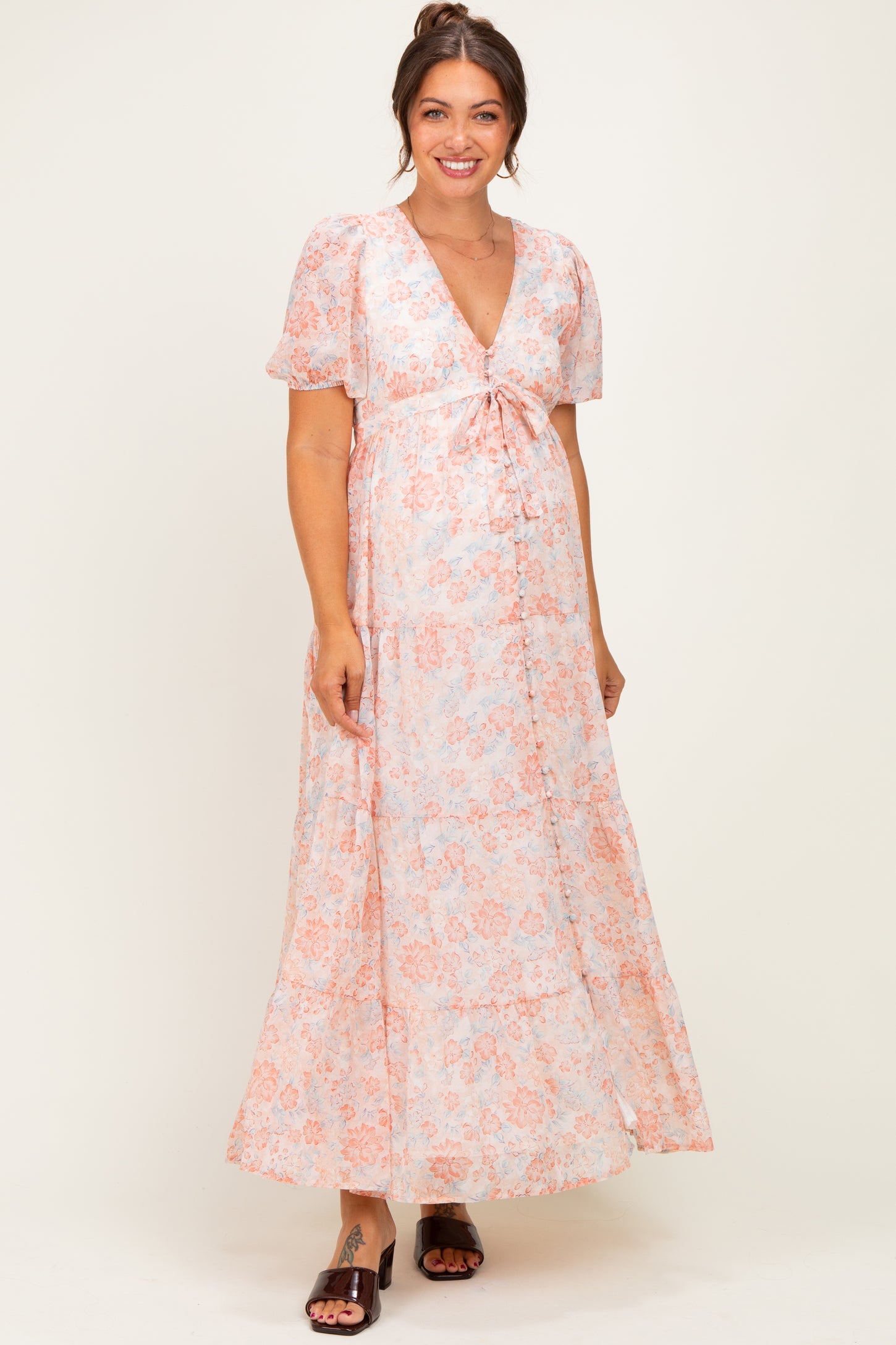 Coral Floral Button Down Front Tie Maternity Maxi Dress