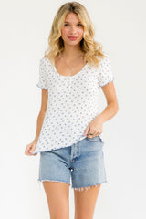 Ivory Blue Ditsy Floral Lettuce Edge Henley Top
