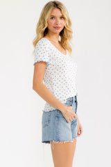 Ivory Blue Ditsy Floral Lettuce Edge Henley Top