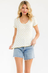 Ivory Mustard Ditsy Floral Lettuce Edge Maternity Henley Top