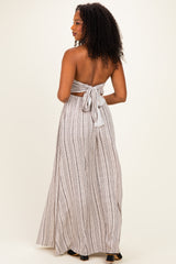 Taupe Printed V Neck Maxi Dress