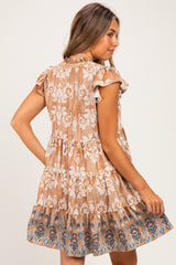 Mocha V Neck Flutter Sleeve Border Print Mini Tiered Maternity Dress