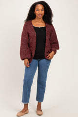 Burgundy Chunky Knit Bubble Sleeve Cardigan